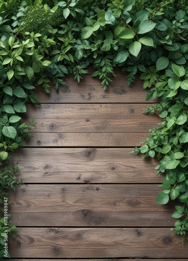 Muted green foliage scattered on a weathered wooden background, overgrown plants, leaf litter, abstract leaves Muted green foliage scattered on a weathered wooden background, overgrown plants, leaf litter, abstract leaves