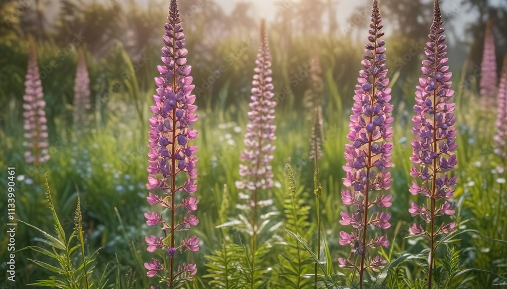 Obraz premium Detailed photo of pink lupin flowers growing among the tall grasses with subtle morning dew, delicate petals, wildflower details