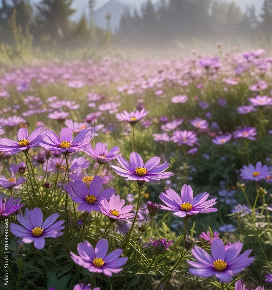 Morning mist rises over a bed of purple Cosmos flowers , soft, mist