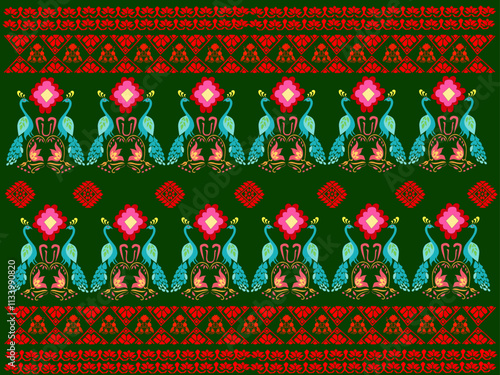 tribal pattern ( Assamese pattern ) of northeast India which is used for textile design in Assam Gamosa , muga silk or other traditional dress. similar to Ukrainian pattern or Russian pattern.	