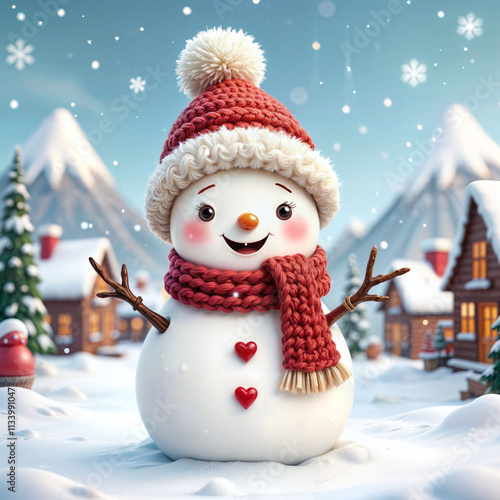 a cute snowmen dressed as red crochet muffler with fur trim and thick whool hat with fur trim, 
snowflakes, beautiful christmas village