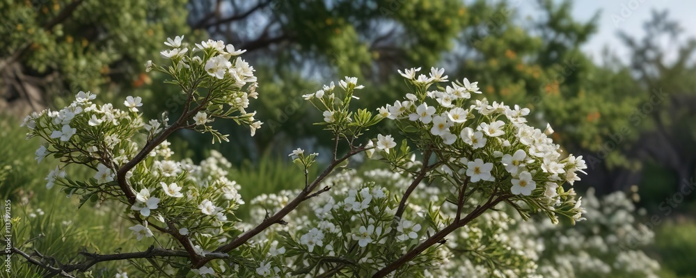 A bush covered with thorny branches and small white flowers, woodland , forest A bush covered with thorny branches and small white flowers, woodland , forest
