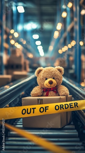 Out of Order Conveyor, Teddy Bear Awaiting Shipment, Distribution Warehouse, Supply Chain Issue photo