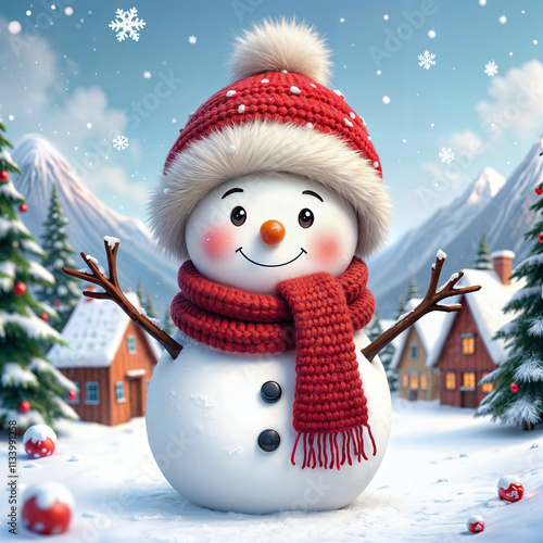 a cute snowmen dressed as red crochet muffler with fur trim and thick whool hat with fur trim, 
snowflakes, beautiful christmas village