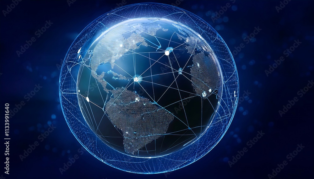 Obraz premium World globe with network lines on a dark blue background.