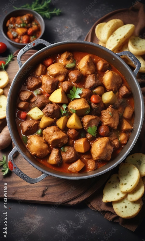 Spicy chicken and mutton flavored curry served with potatoes in a metal bowl , hearty meal, indian food Spicy chicken and mutton flavored curry served with potatoes in a metal bowl , hearty meal, indian food