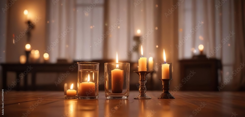 Warm candlelight softly illuminates a room with a subtle sparkle, soothing illumination, serene environment, quiet space Warm candlelight softly illuminates a room with a subtle sparkle, soothing illumination, serene environment, quiet space