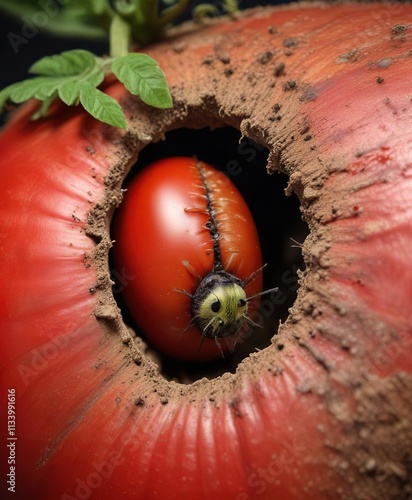 tiny caterpillar peeking out of a hole in a large red tomato, insect, summer, tiny caterpillar