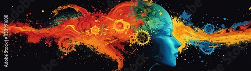 A vibrant illustration of a human head silhouette with gears and colorful paint splashes, representing the continuous flow of creativity, ideas, and technological progress photo