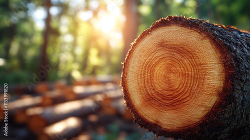 Close-up of a sawn-off tree in a forest with blurred background of other cut trees, symbolizing deforestation, environmental destruction, and the chaos caused by human impact on nature photo