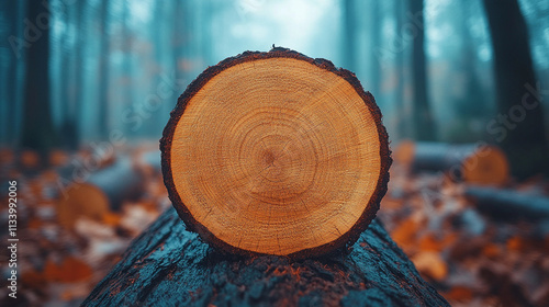 Close-up of a sawn-off tree in a forest with blurred background of other cut trees, symbolizing deforestation, environmental destruction, and the chaos caused by human impact on nature photo