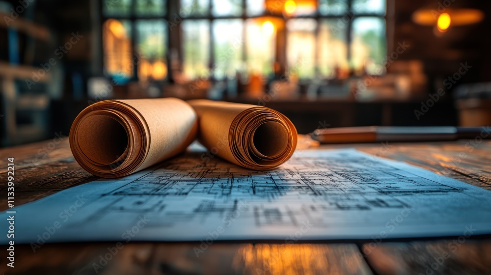 Architectural Blueprint Designs on Wooden Table Architectural Blueprint Designs on Wooden Table