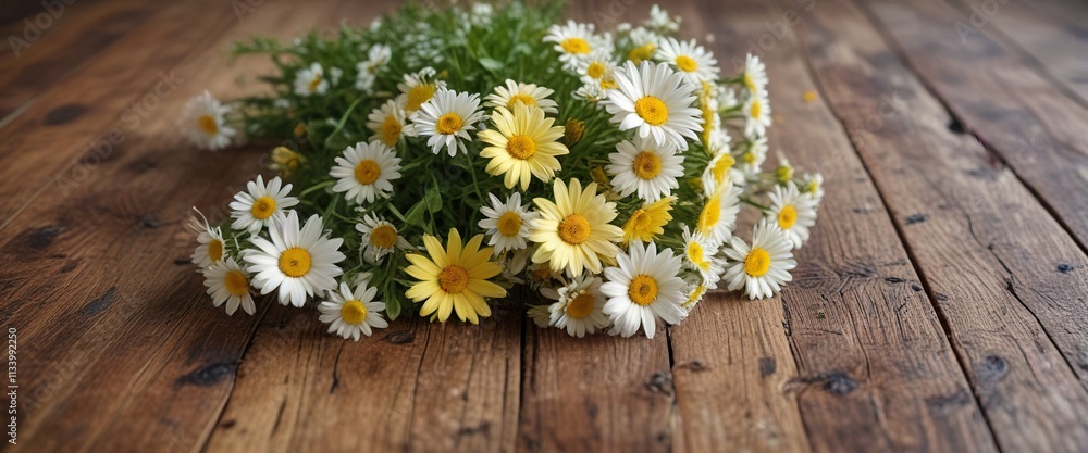 Fototapeta premium A mix of daisies and buttercups adorn the wooden surface , vintage charm, natural elegance, buttercups
