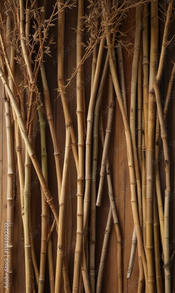 a collection of dried bamboo sticks and branches arranged in a decorative pattern on a wooden table, , woodsy atmosphere, forest floor a collection of dried bamboo sticks and branches arranged in a decorative pattern on a wooden table, , woodsy atmosphere, forest floor