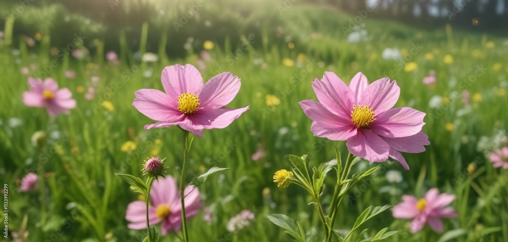 a delicate pink flower blooming against a lush green meadow backdrop with yellow pollen visible, flora, yellow pollen a delicate pink flower blooming against a lush green meadow backdrop with yellow pollen visible, flora, yellow pollen