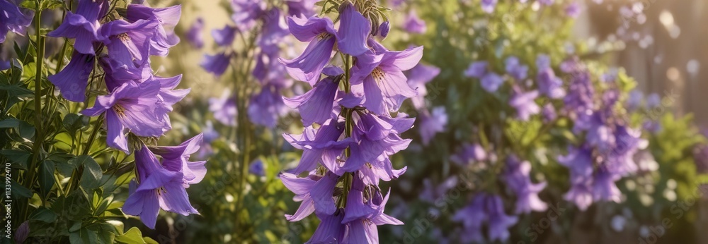 Campanula purple flower bells in the warm sunlight , garden, blooming Campanula purple flower bells in the warm sunlight , garden, blooming