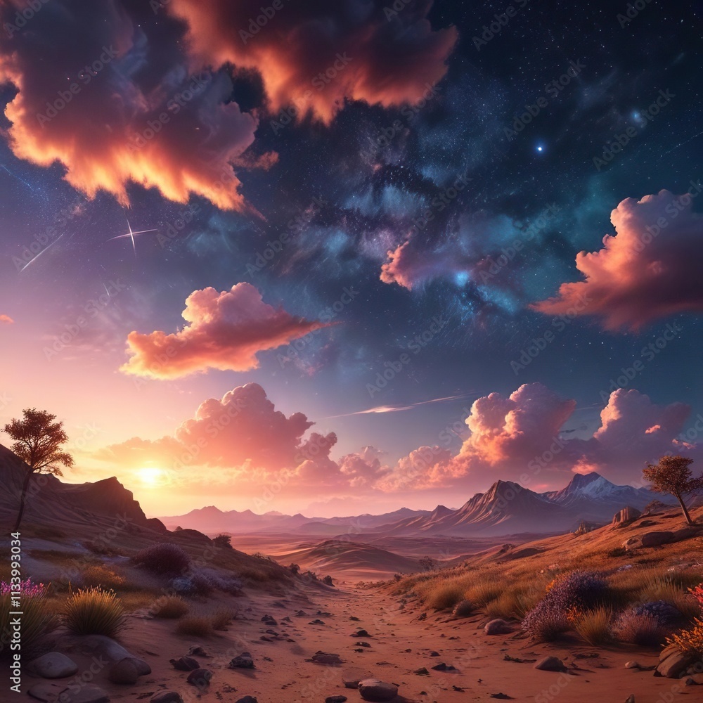Dreamy landscape with glowing clouds and stars, lunar glow, cosmic wonder, starry night Dreamy landscape with glowing clouds and stars, lunar glow, cosmic wonder, starry night