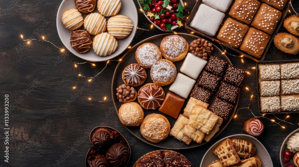 Festive Assortment of Holiday Cookies and Treats on Dark Wooden Background with Christmas Lights, Perfect for Celebrations and Sweet Gatherings Festive Assortment of Holiday Cookies and Treats on Dark Wooden Background with Christmas Lights, Perfect for Celebrations and Sweet Gatherings