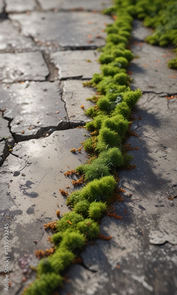 Naklejka premium A small patch of moss growing on a cracked concrete surface , nature photography, earthy tones, greenery