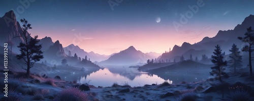 A soft focus effect creates a dreamy and ethereal quality in this gradient blue landscape with scattered light spots, calming colors, ethereal ambiance