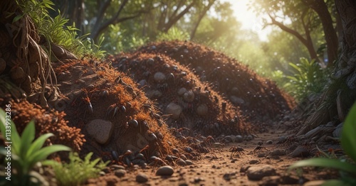 A massive anthill rises from the underbrush, as ants labor to build their complex underground society, tunnel, nature