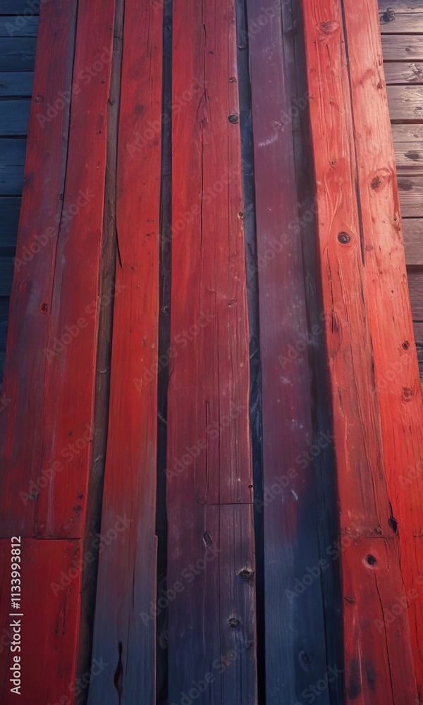 Navy and red color gradation on a wooden dock, beach, waterfront, wooden dock Navy and red color gradation on a wooden dock, beach, waterfront, wooden dock
