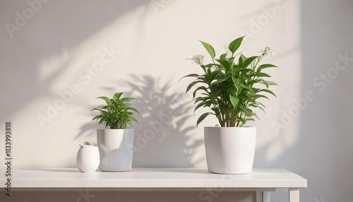 Simple home office with a small white plant in a simple white ceramic pot on the wall, organization , productivity