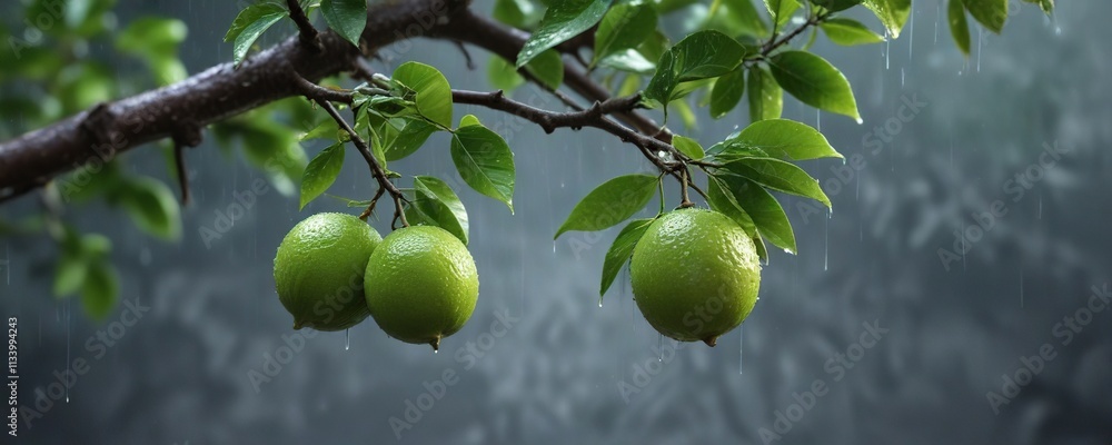 Small lime stuck to a tree branch in the rain, Wet, Branch, Droplet Small lime stuck to a tree branch in the rain, Wet, Branch, Droplet
