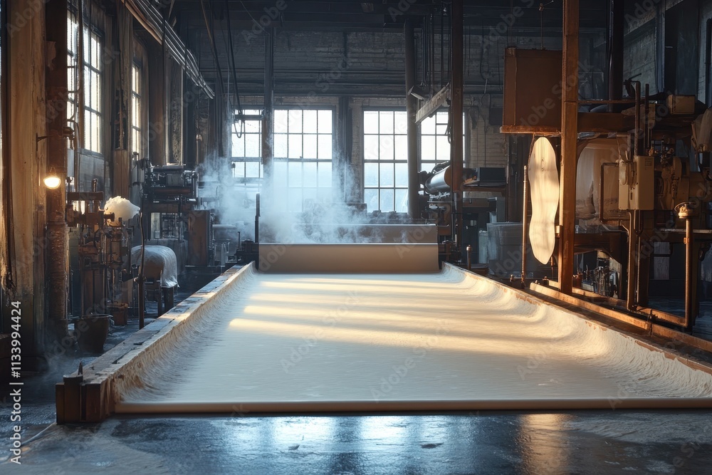Large sheet of paper in industrial setting; steam rises from the wet paper during manufacturing. Illustrates paper production, showing the process and scale. Large sheet of paper in industrial setting; steam rises from the wet paper during manufacturing. Illustrates paper production, showing the process and scale.