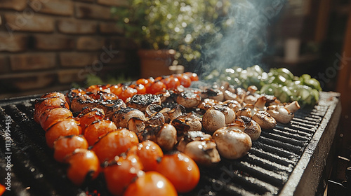 olorful grilled vegetables and mushrooms sizzling on a barbecue grill in bright daylight, symbolizing healthy eating, nature, sustainability, and the joy of outdoor cooking photo