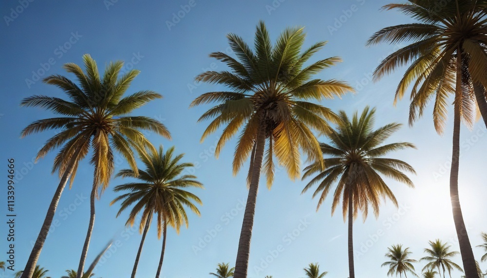 Fototapeta premium A group of palm trees against a clear blue sky with the sun shining down on them, palm grove, blue sky, serene landscape