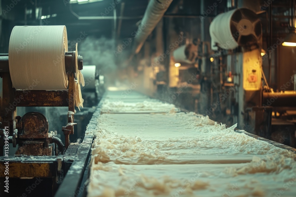 Industrial paper production line; large rolls of paper move along a conveyor belt. Shows the manufacturing process of paper, highlighting its journey. Industrial paper production line; large rolls of paper move along a conveyor belt. Shows the manufacturing process of paper, highlighting its journey.
