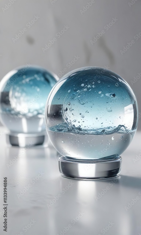 Water globes on white background with light rays, spotlight effect, water drops Water globes on white background with light rays, spotlight effect, water drops