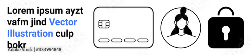 Three primary elements a credit card, a user profile avatar, and a security lock representing online transactions, personal identification, and security. Ideal for fintech, security systems, online