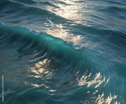 Wavy blue water surface with subtle gold undertones and soft light reflection, ripples, sea photo