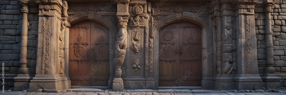 Ancient stone entrance door with intricate carvings, Cefalu, Italy, church entrance Ancient stone entrance door with intricate carvings, Cefalu, Italy, church entrance