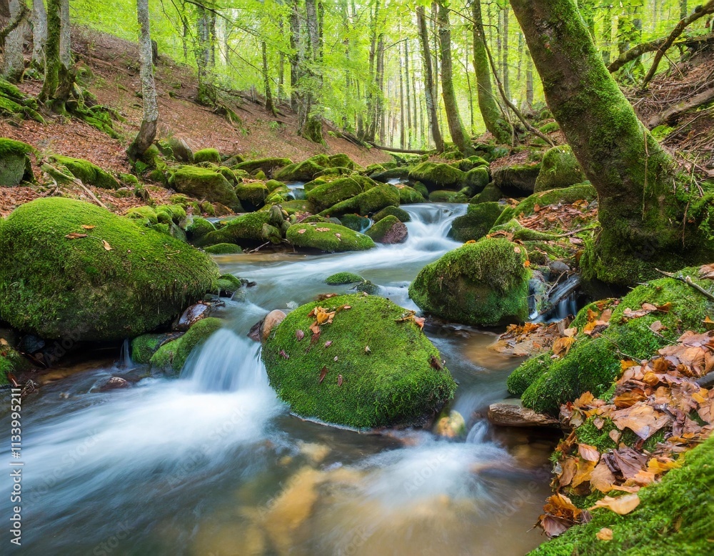 Gentle Stream Flowing Through Mossy Rocks in a Peaceful Forest Glade Gentle Stream Flowing Through Mossy Rocks in a Peaceful Forest Glade