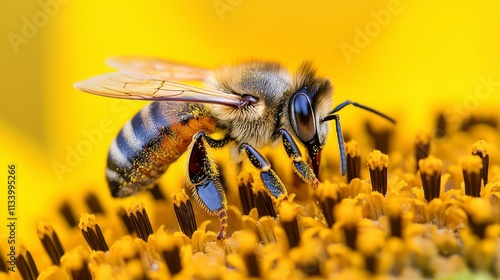 Close-Up of a Honey Bee Collecting Pollen from a Vibrant Yellow Sunflower Petal Under Natural Light in a Garden Setting photo