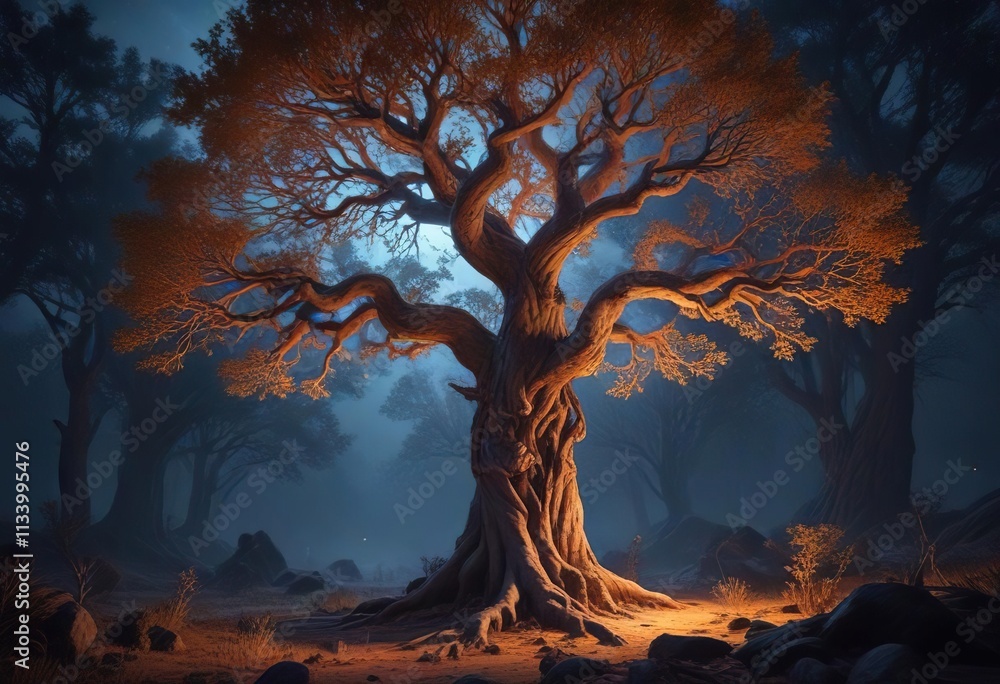 Ancient tree with glowing branches in a moonlit forest, branch, landscape Ancient tree with glowing branches in a moonlit forest, branch, landscape