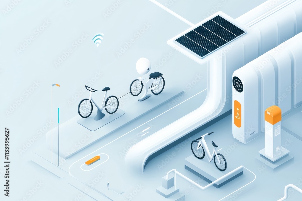 Modern Urban Transportation Concept Featuring Electric Bicycles, Charging Stations, Solar Panels, and Wi-Fi Connectivity in a Futuristic City Design
