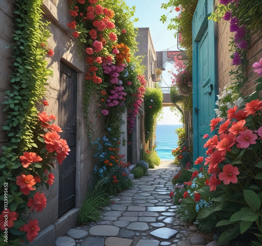 Fototapeta premium serene ocean view through a tranquil flower-lined alleyway, alley, coastal, seafront