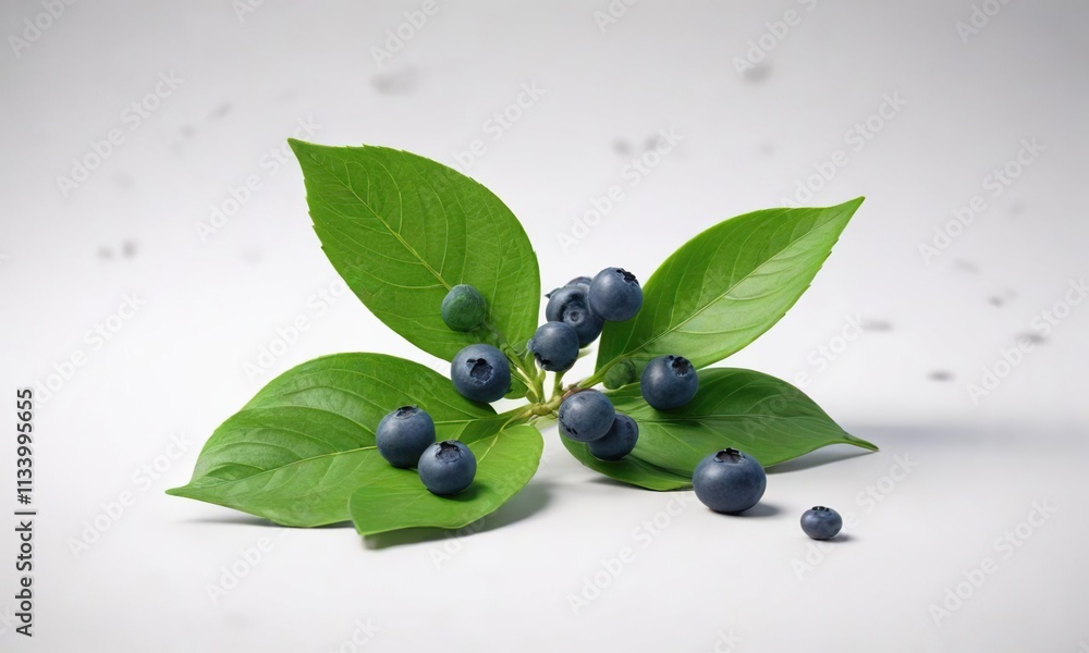 Single large leaf with a few blueberries growing on it against a plain white background, branches, foliage, natural color Single large leaf with a few blueberries growing on it against a plain white background, branches, foliage, natural color