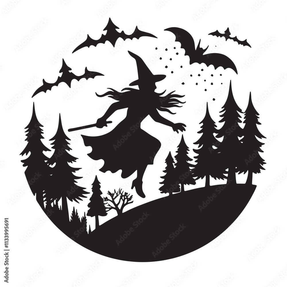 Fototapeta premium A silhouette of a witch flying over a forest black vector isolated on a white background