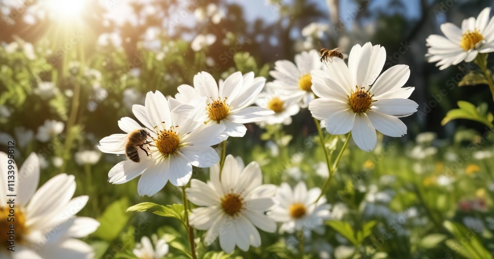 A group of honey bees flying towards a bright white flower in a sunny garden, wildflowers, nature A group of honey bees flying towards a bright white flower in a sunny garden, wildflowers, nature