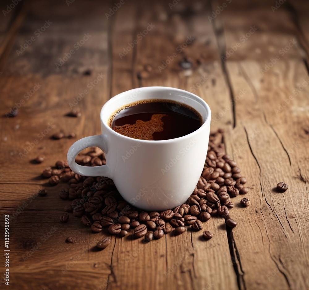 A delicate white cup fills with rich brown coffee atop a rustic wooden surface, tableware, whiteware A delicate white cup fills with rich brown coffee atop a rustic wooden surface, tableware, whiteware