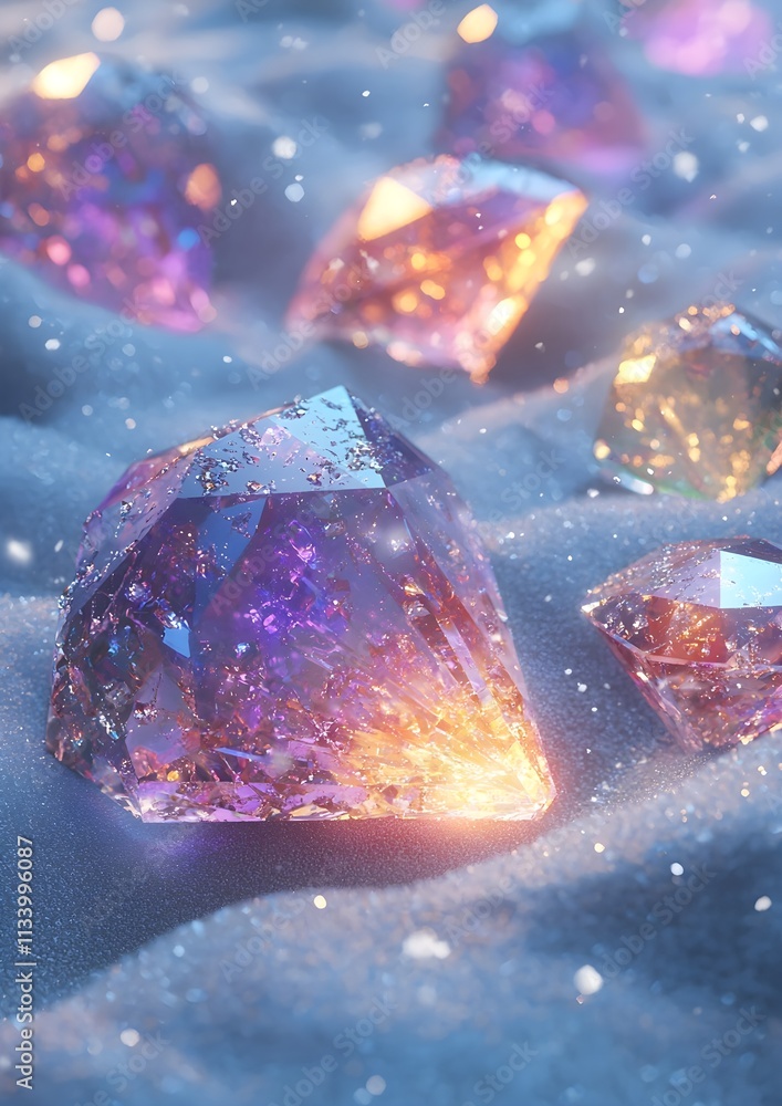 A colorful diamond with a frozen texture glows faintly, partially buried in snow with icy edges A colorful diamond with a frozen texture glows faintly, partially buried in snow with icy edges