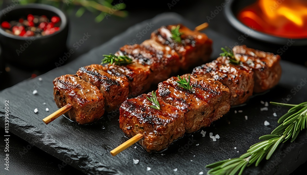 Grilled lamb kebab with rosemary and spices, charred to perfection over an open flame, vibrant colors and smoky aroma, AIgenerated culinary art Grilled lamb kebab with rosemary and spices, charred to perfection over an open flame, vibrant colors and smoky aroma, AIgenerated culinary art