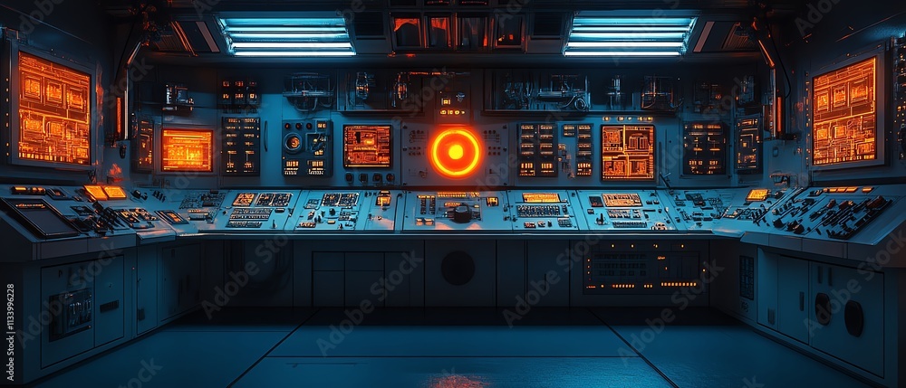 Obraz premium Hightech nuclear power plant reactor control panel, central electrical station with digital displays, monitoring systems, and advanced energy control, AIgenerated visuals