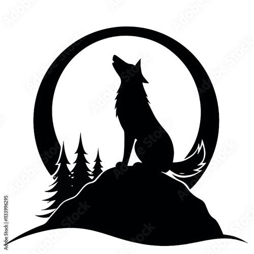 Silhouette of a Dog Sitting on a Hill in Front of a Full Moon, Black Vector Isolated on White Background