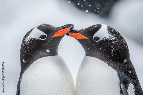 Two Gentoo penguins touch beaks in snowy scene. Perfect for wildlife, love, or Antarctic themed projects. photo